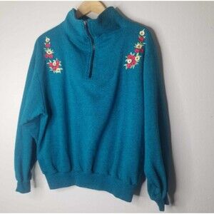 Woman Large Teal Embordered Sweater Grandmacore Cottagecore 80's
